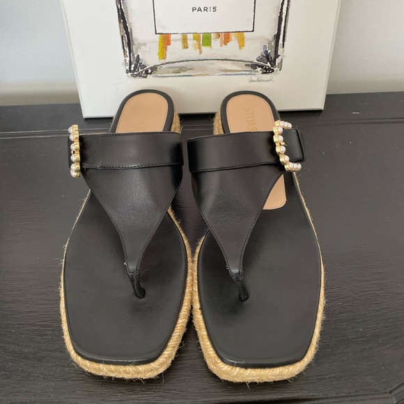 Stuart Weitzman Pearl Buckle Espadrille Thong Sandals Black Sz 7-7.5 - Picture 3 of 10